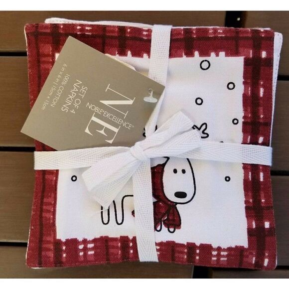 Christmas Reindeer Cocktail Napkins Set Of 4 White Red Plaid Border New - Picture 1 of 2
